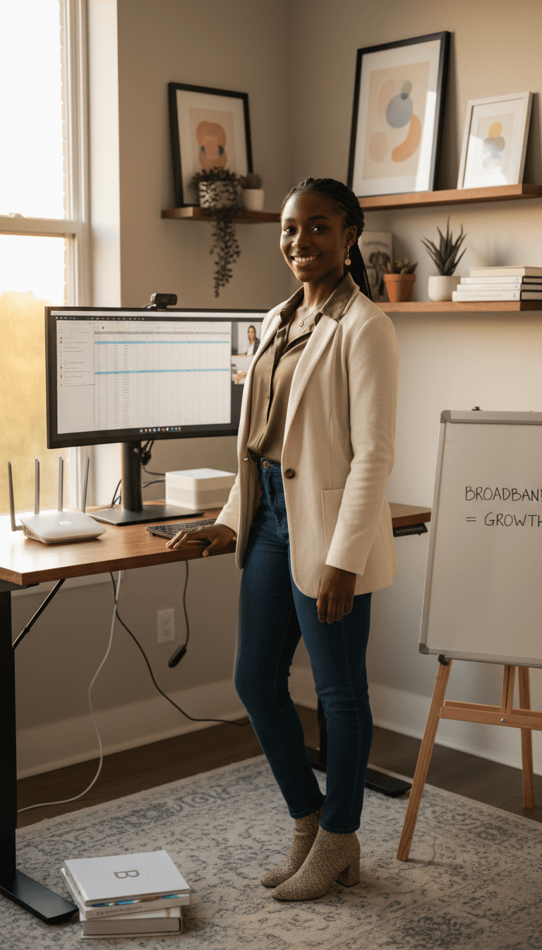 Confident small business owner standing in home office with computer setup and modern connectivity tools visible