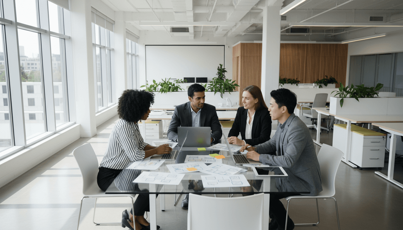 Human service professionals collaborating in a modern office environment