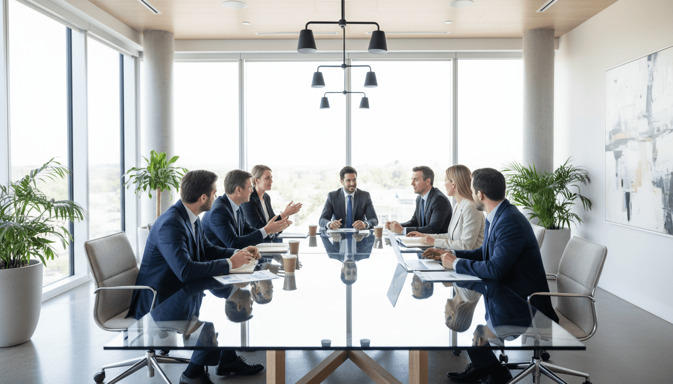 Professional team collaborating in a modern meeting room